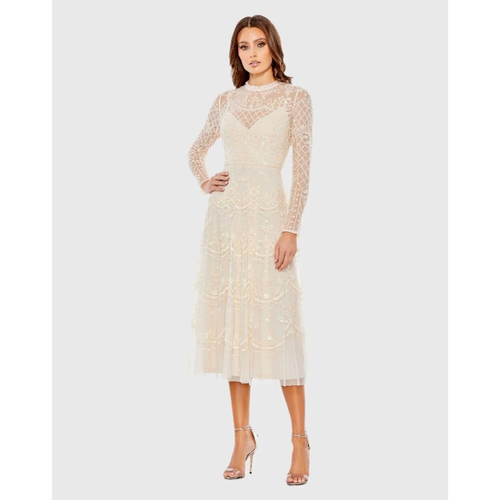 Mac Duggal Sequined Illusion High Neck Long Sleeve Midi Dress in Nude Size 12